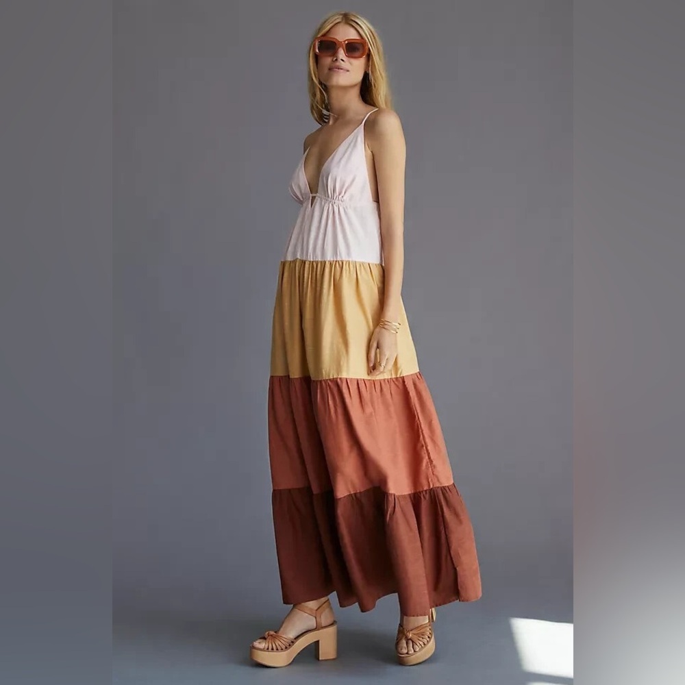 Anthropologie Colorblock Maxi Dress - Pink, Yellow, Brown